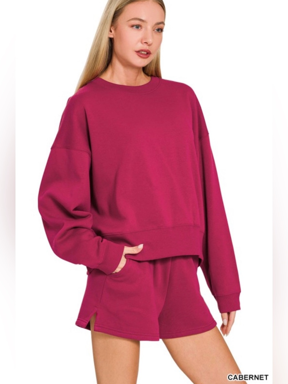 Zenana Fleece Pullover & Shorts SET– Cabernet